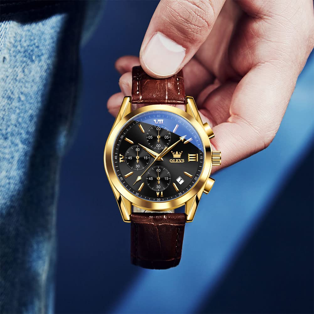 OLEVS Men's Casual Leather Watch, Big Face Chronograph Watch for Men, Fashion Easy to Read Dress Watch, Men's Waterproof Luminous Date Analog Watch, Gold/Black/White/Blue Dial