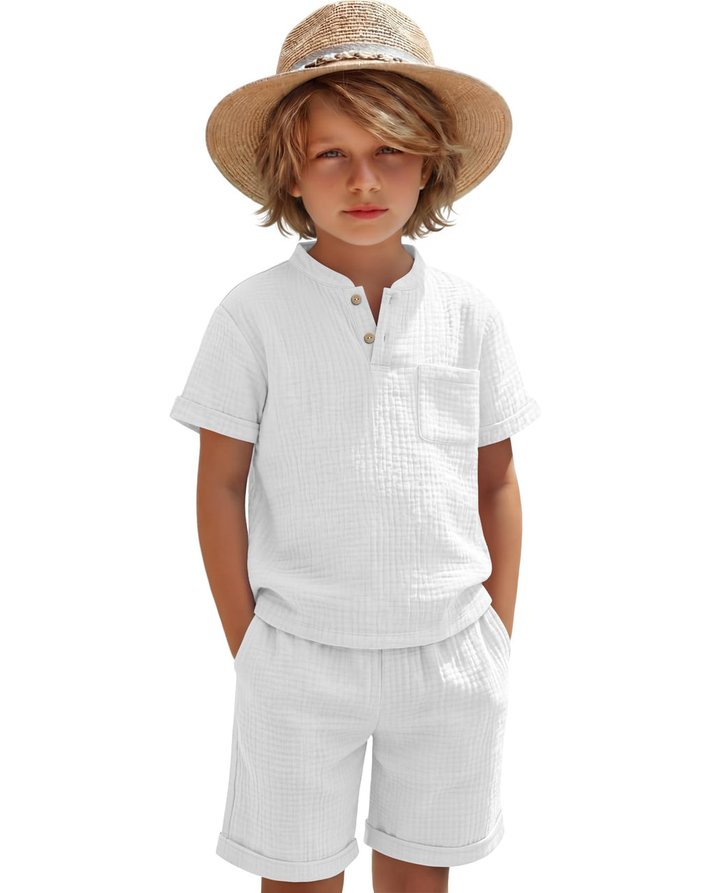 Boys 2 Piece Cotton Outfits 5-14Y Short Sleeve Button Down Shirt Shorts Pockets Summer Clothes Henley Casual Set