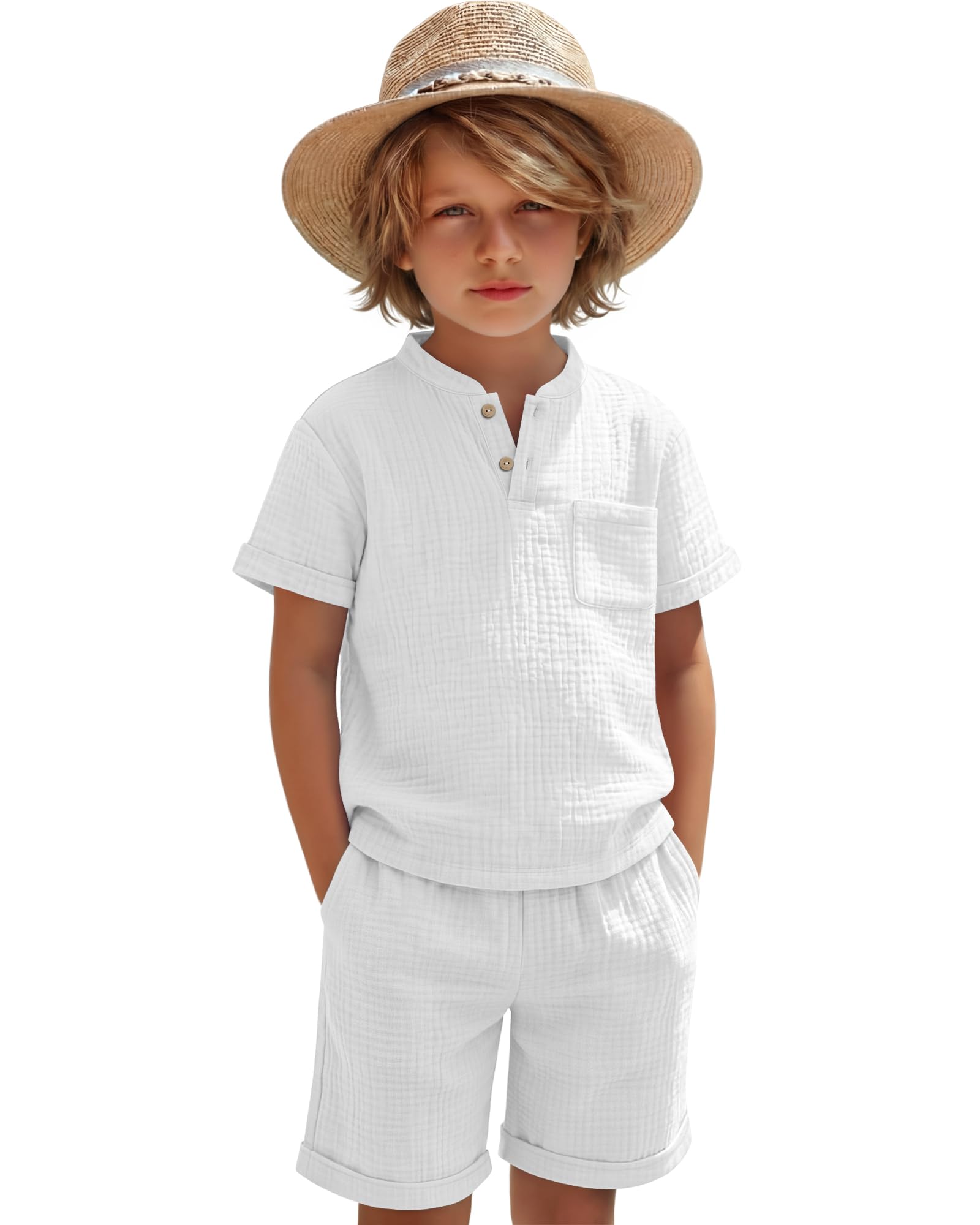Boys 2 Piece Cotton Outfits 5-14Y Short Sleeve Button Down Shirt Shorts Pockets Summer Clothes Henley Casual Set