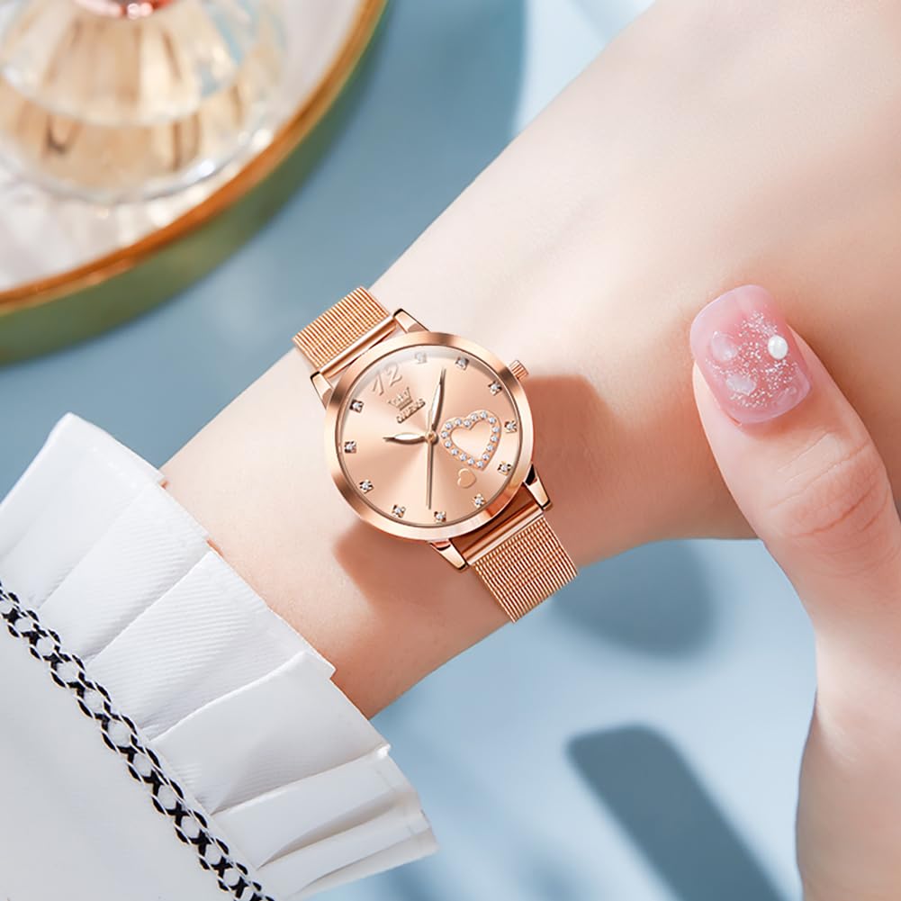 OLEVS Rose Gold Watch for Women Mesh Strap Fashion Dress Hearts Japanese Quartz Waterproof Luminous Ladies Watches Bracelet Sets