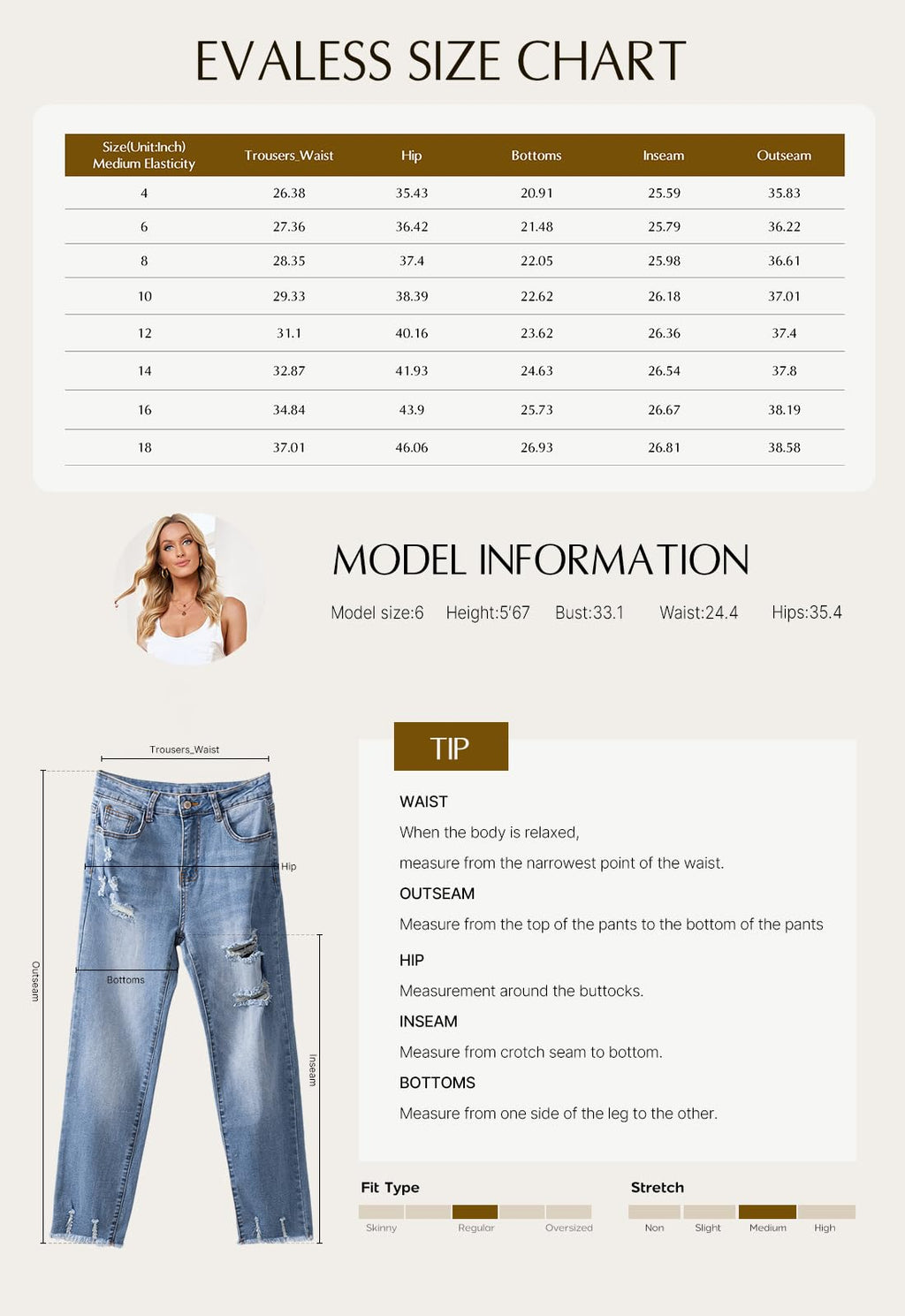 EVALESS Women's High Waisted Tummy Control Straight Ankle Ripped Jeans