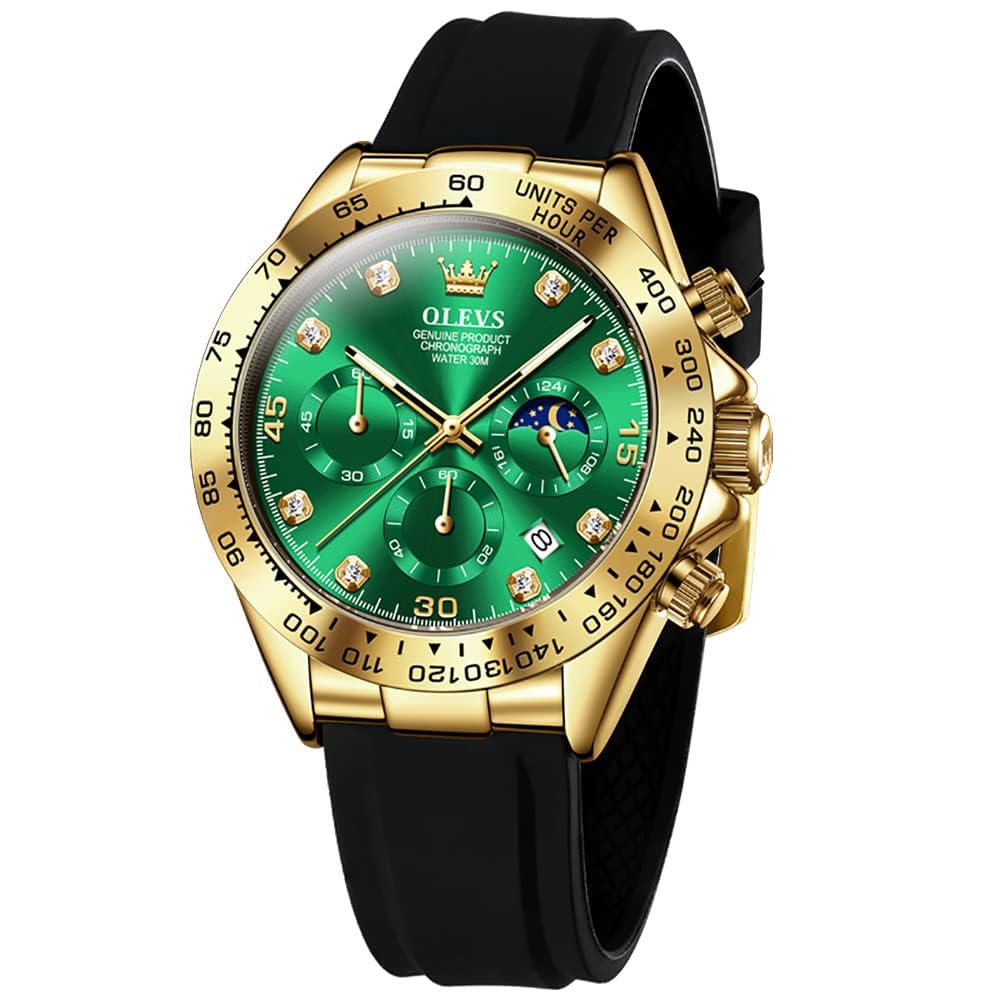 OLEVS Men Analog Quartz Waterproof Watches Multifunction Chronograph Diamond Moon Phase Luminous Silicone Band Wrist Watches