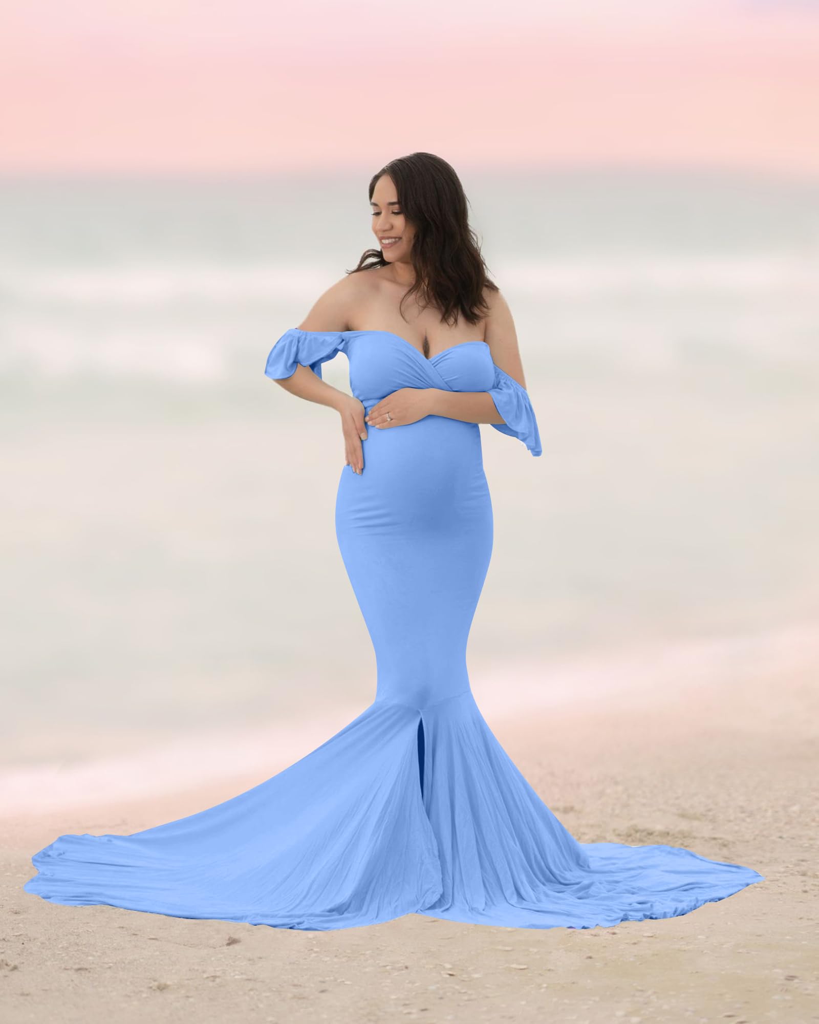Saslax Off Shoulder Ruffle Sleeves Elegant Fitted Maxi Maternity Dress for Photoshoot Baby Shower