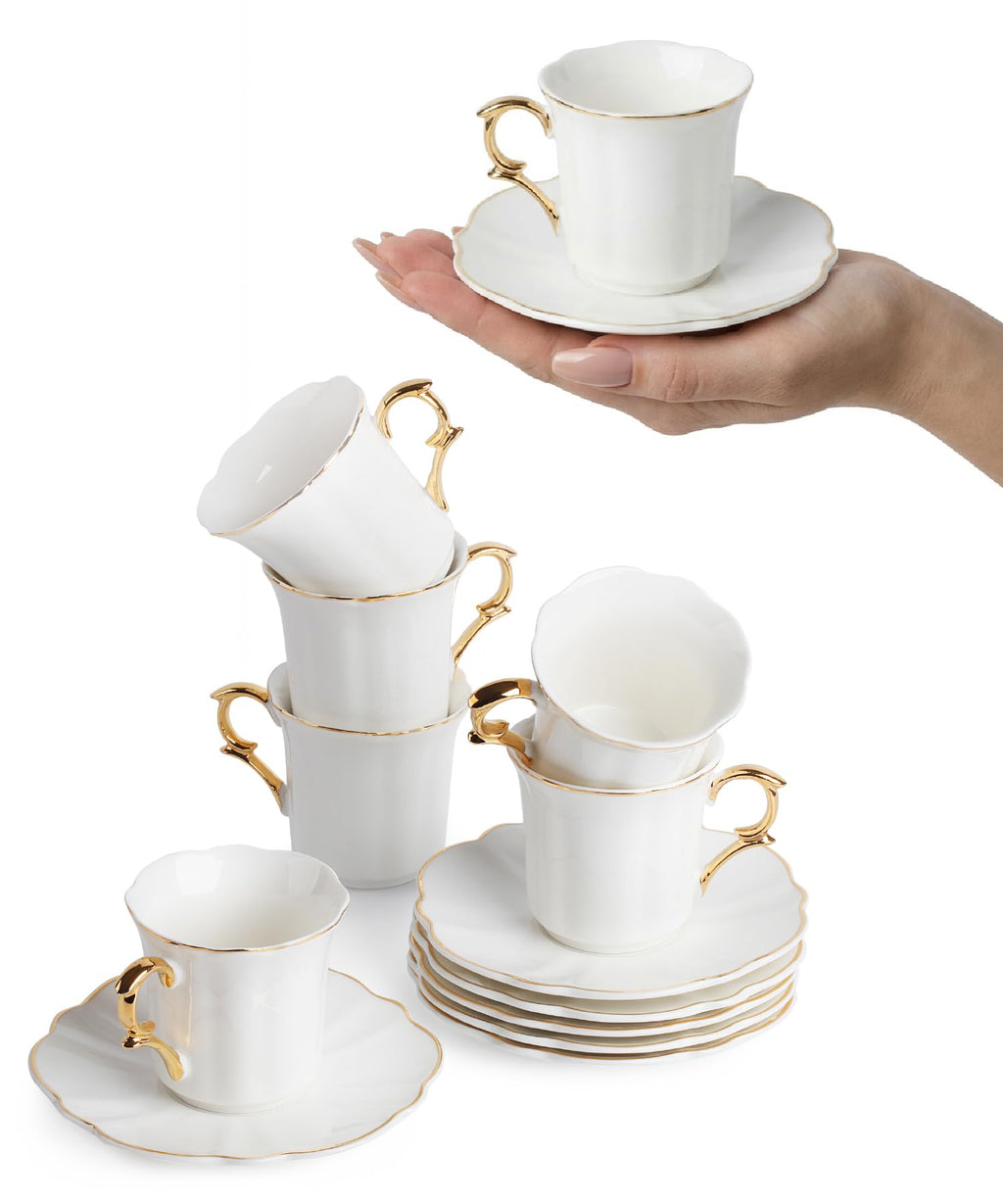 BTaT- Turkish Coffee Cup Set, 3 oz, 6 Set (12 pcs), Elegant White Cups & Saucers with Gold Trim & Gift Box, Small Porcelain Espresso Set for Serving Greek, Arabic & Turkish Coffee, Gift Giving
