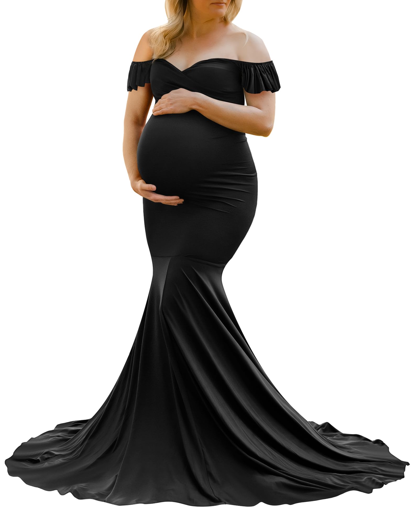 Saslax Off Shoulder Ruffle Sleeves Elegant Fitted Maxi Maternity Dress for Photoshoot Baby Shower
