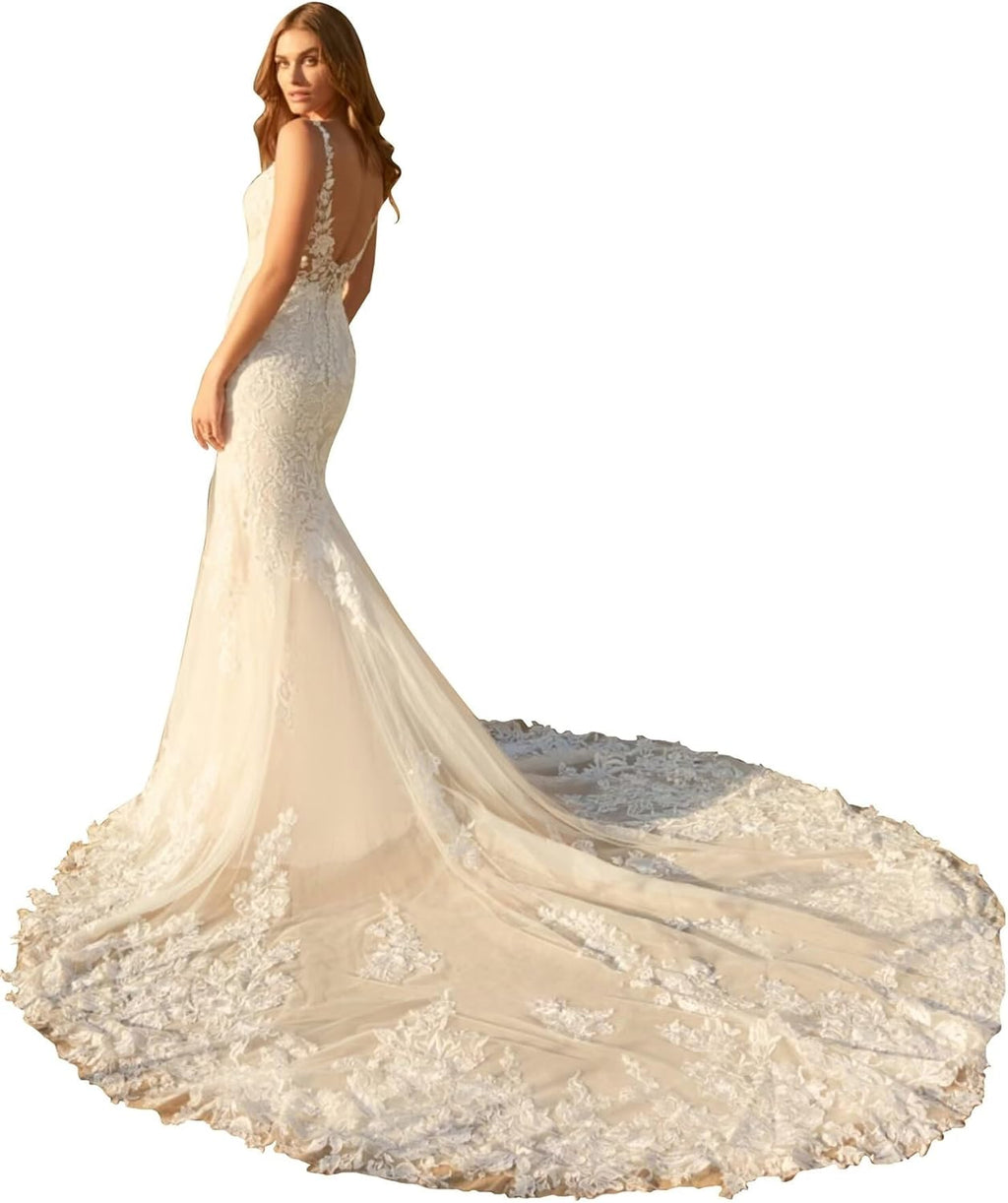 Lace Wedding Dresses for Bride Mermaid V Neck Boho Beach Bridal Gowns with Train BOF30