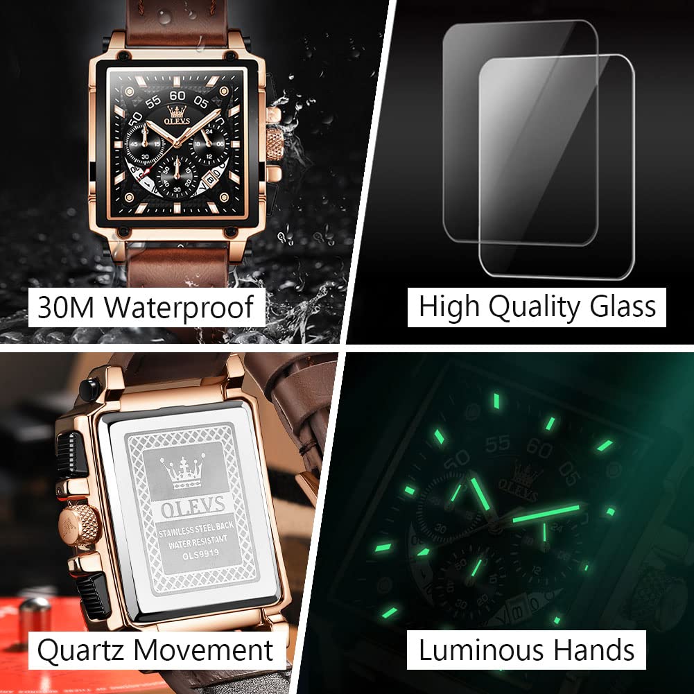 OLEVS Men's Casual Leather Watch, Big Face Chronograph Watch for Men, Fashion Easy to Read Dress Watch, Men's Waterproof Luminous Date Analog Watch, Gold/Black/White/Blue Dial