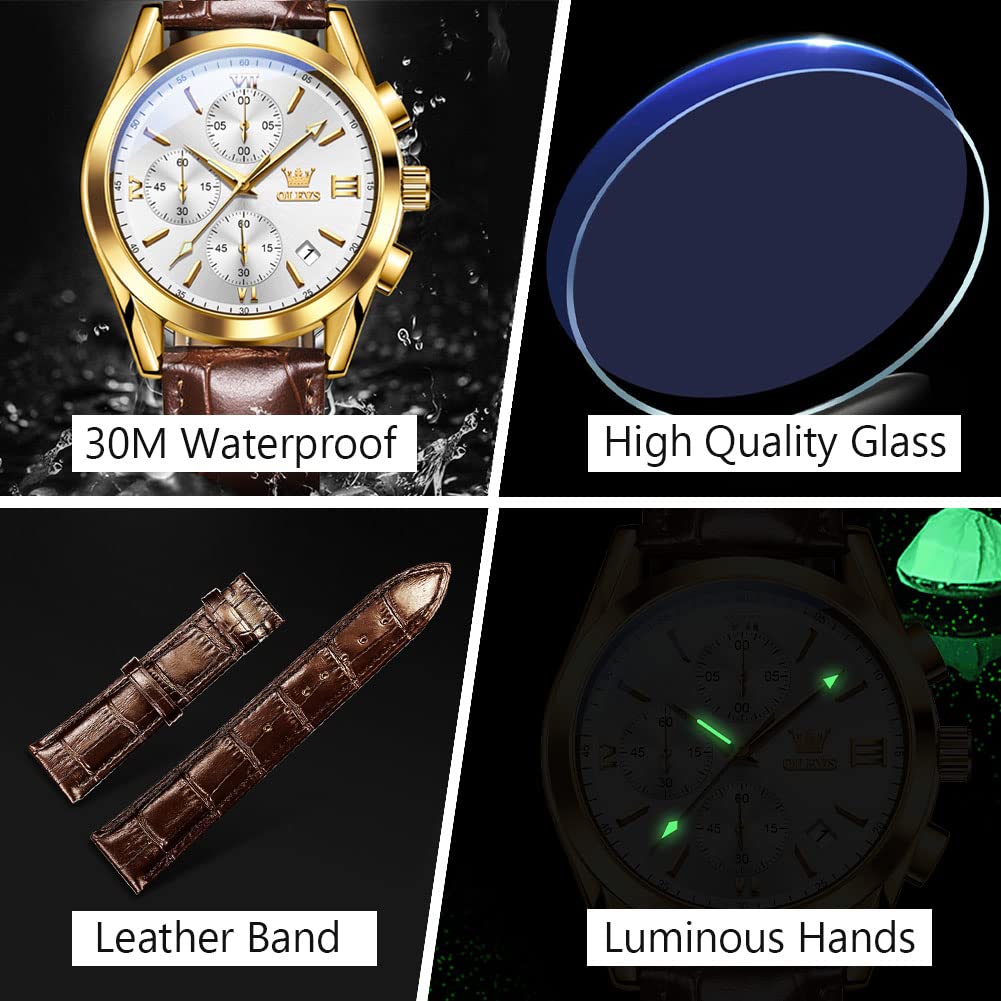 OLEVS Men's Casual Leather Watch, Big Face Chronograph Watch for Men, Fashion Easy to Read Dress Watch, Men's Waterproof Luminous Date Analog Watch, Gold/Black/White/Blue Dial