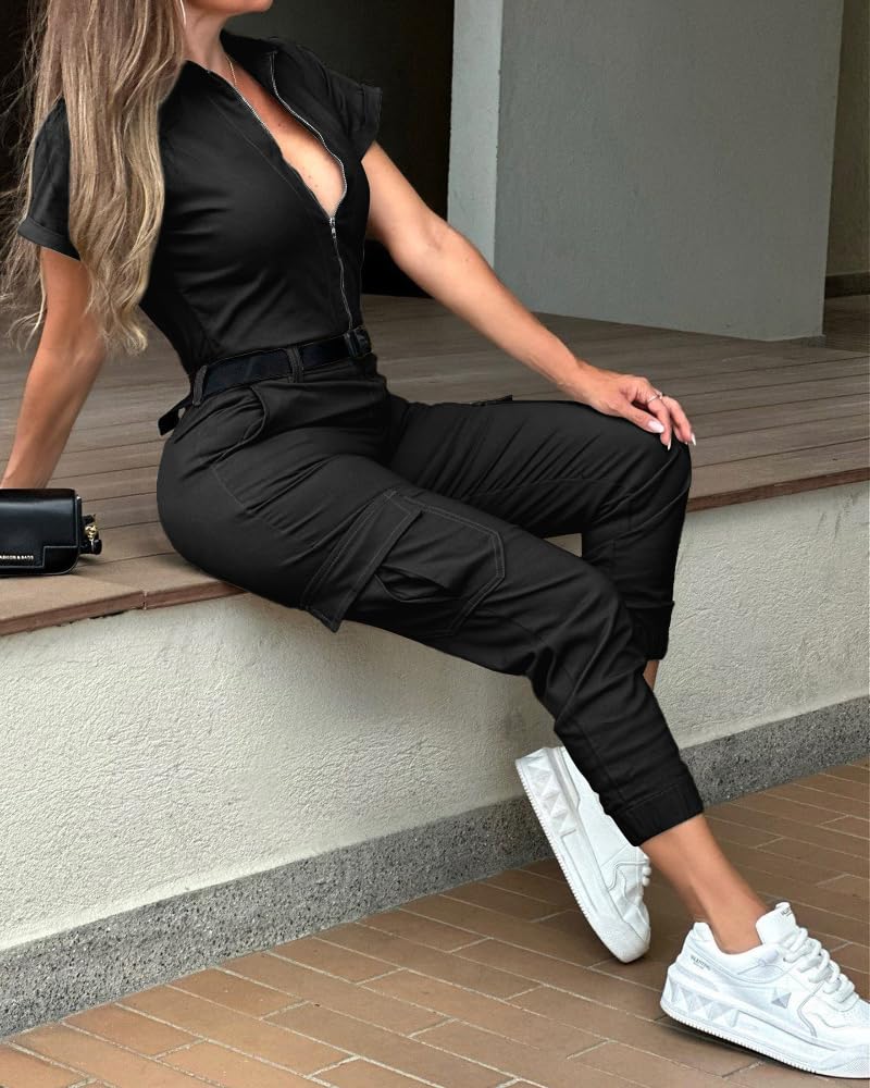 CHICME Women's Short Sleeve Jumpsuit Turn Down Collar Casual Zip Up Jumpsuits Pocket Design Cargo Romper