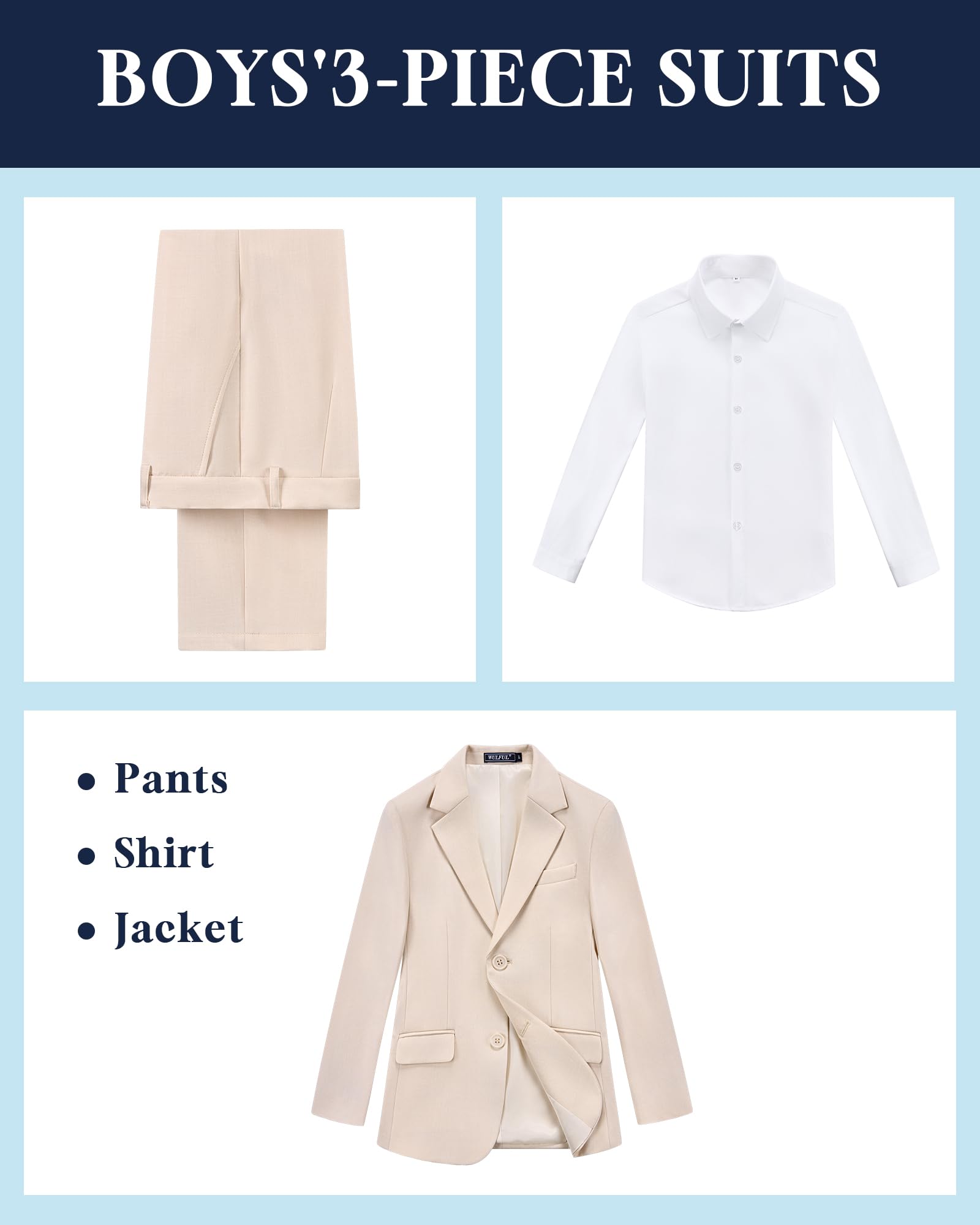 WULFUL Boys' Slim Fit Suit 3 Pieces:Jacket, Pants, Shirt,Summer Suit Set for Teens Boys Wedding Beach