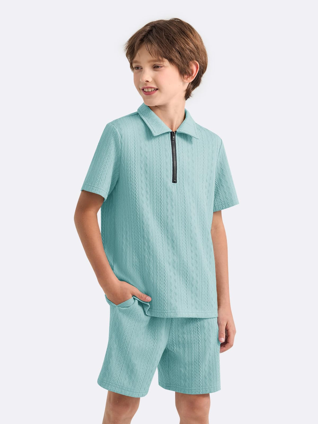 Haloumoning Boys 2 Piece Summer Outfits Kids Quarter Zip Polo Shirt and Shorts Set Athletic Tracksuit 5-14 Years