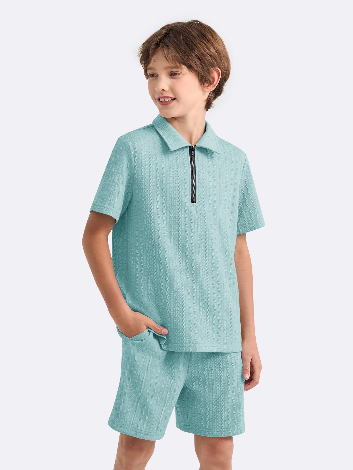 Haloumoning Boys 2 Piece Summer Outfits Kids Quarter Zip Polo Shirt and Shorts Set Athletic Tracksuit 5-14 Years
