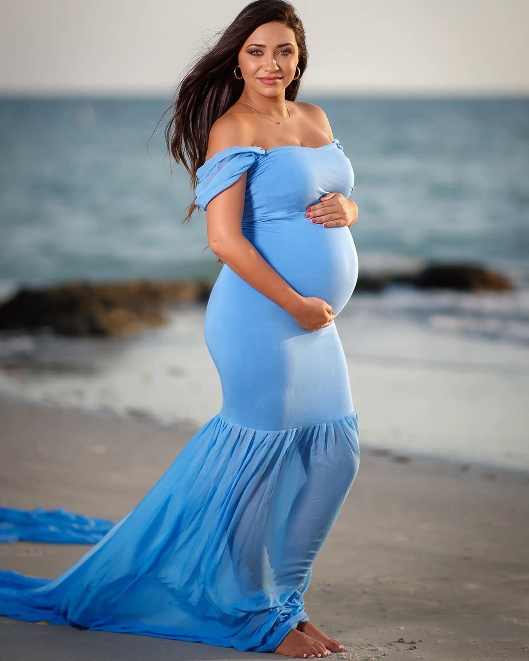 ZIUMUDY Maternity Chiffon Mermaid Gown Off Shoulder Dropped Sleeve Fitted Photo Shoot Photography Dress