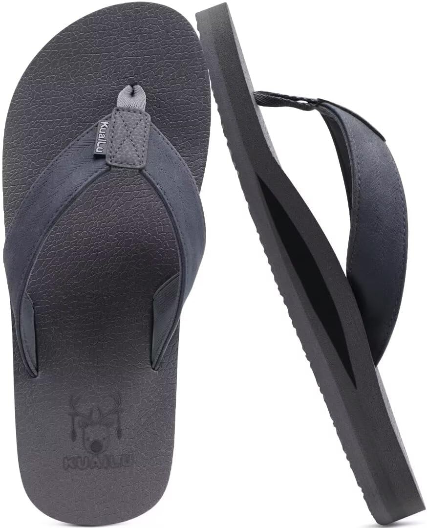 KuaiLu Men's Yoga Mat Leather Flip Flops with Arch Support Comfortable Cushion Walking Thong Sandals Slip On Indoor Outdoor