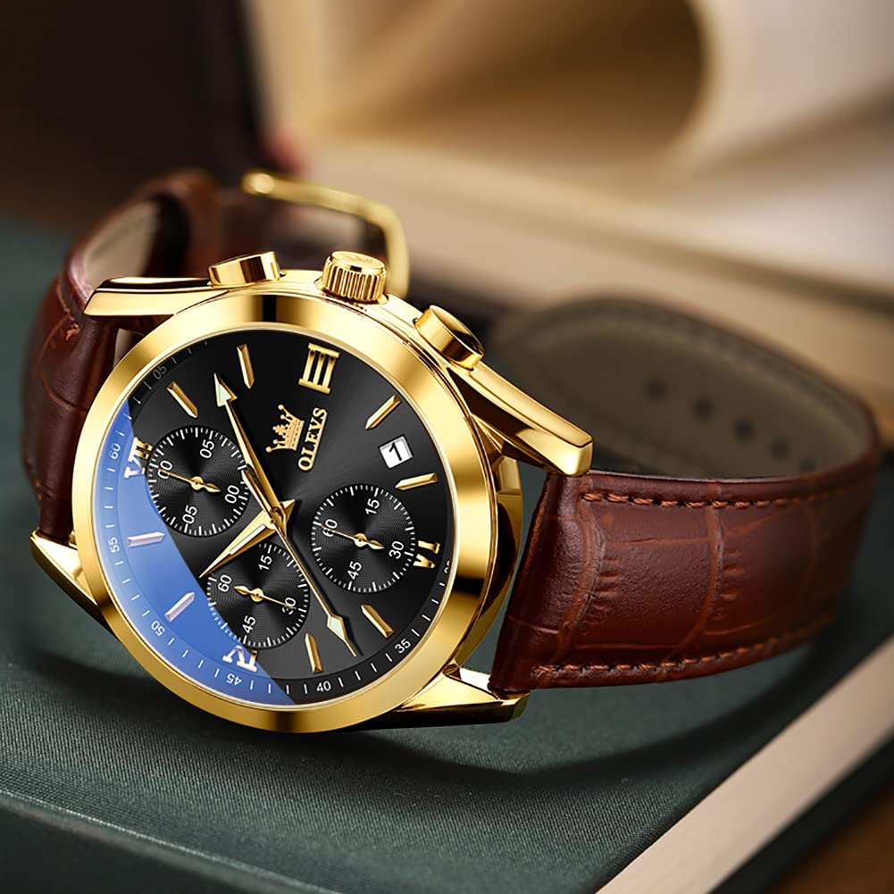 OLEVS Men's Casual Leather Watch, Big Face Chronograph Watch for Men, Fashion Easy to Read Dress Watch, Men's Waterproof Luminous Date Analog Watch, Gold/Black/White/Blue Dial