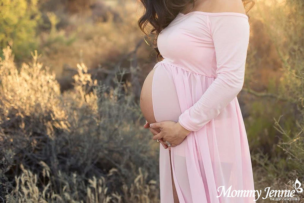 Mommy Jennie Maternity Dress Off Shoulder Long Sleeve Split Front Chiffon Gown for Photoshoot