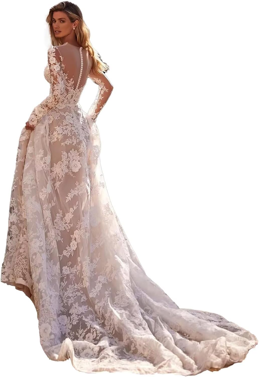 Boho Wedding Dress for Bride Mermaid Lace Applique Beach Bridal Gowns BOFD5
