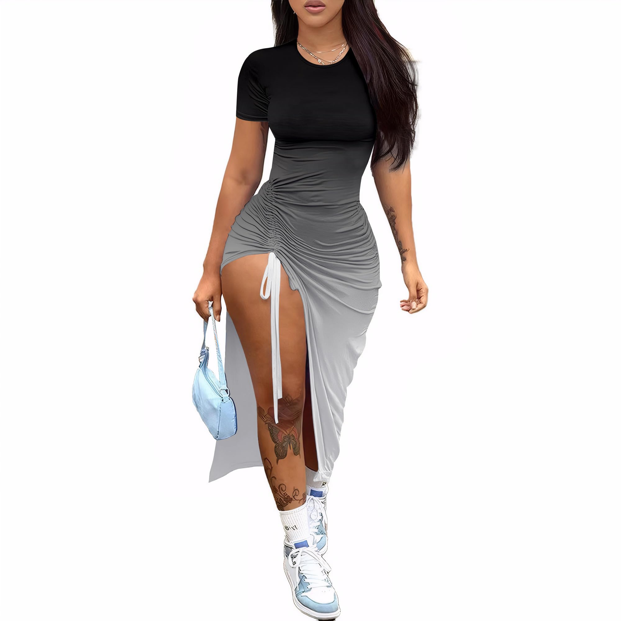 Nimsruc Women Sexy Summer Dresses Short Sleeve Thigh-high Slit Ruched Bodycon Maxi Club Cocktail Party Dress