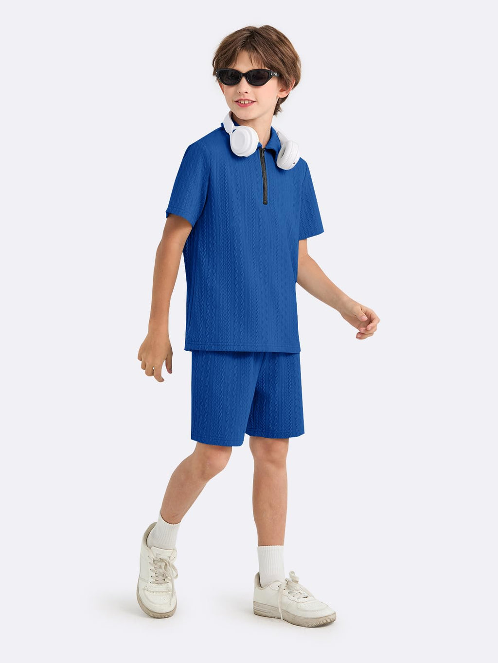 Haloumoning Boys 2 Piece Summer Outfits Kids Quarter Zip Polo Shirt and Shorts Set Athletic Tracksuit 5-14 Years