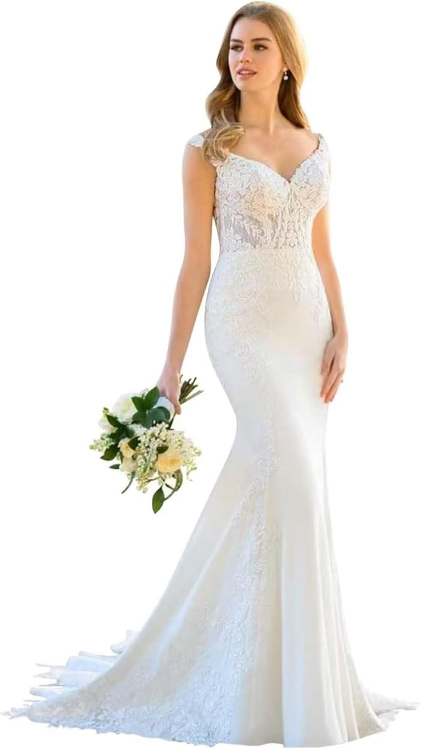 Lace Wedding Dresses for Bride Mermaid V Neck Boho Beach Bridal Gowns with Train BOF30