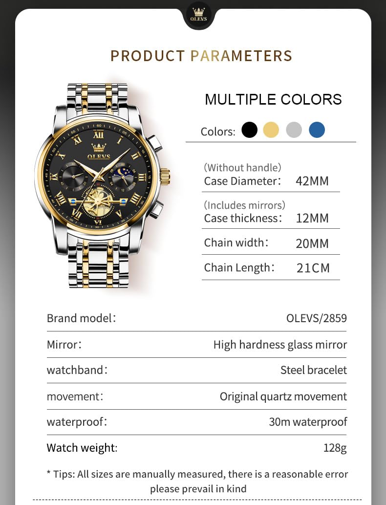 OLEVS Watches Men Waterproof Luxury Big Face Mens Watch Stainless Steel Quartz Analog Dress Watches for Men Luminous Multifunction Man Watch Relojes De Hombre
