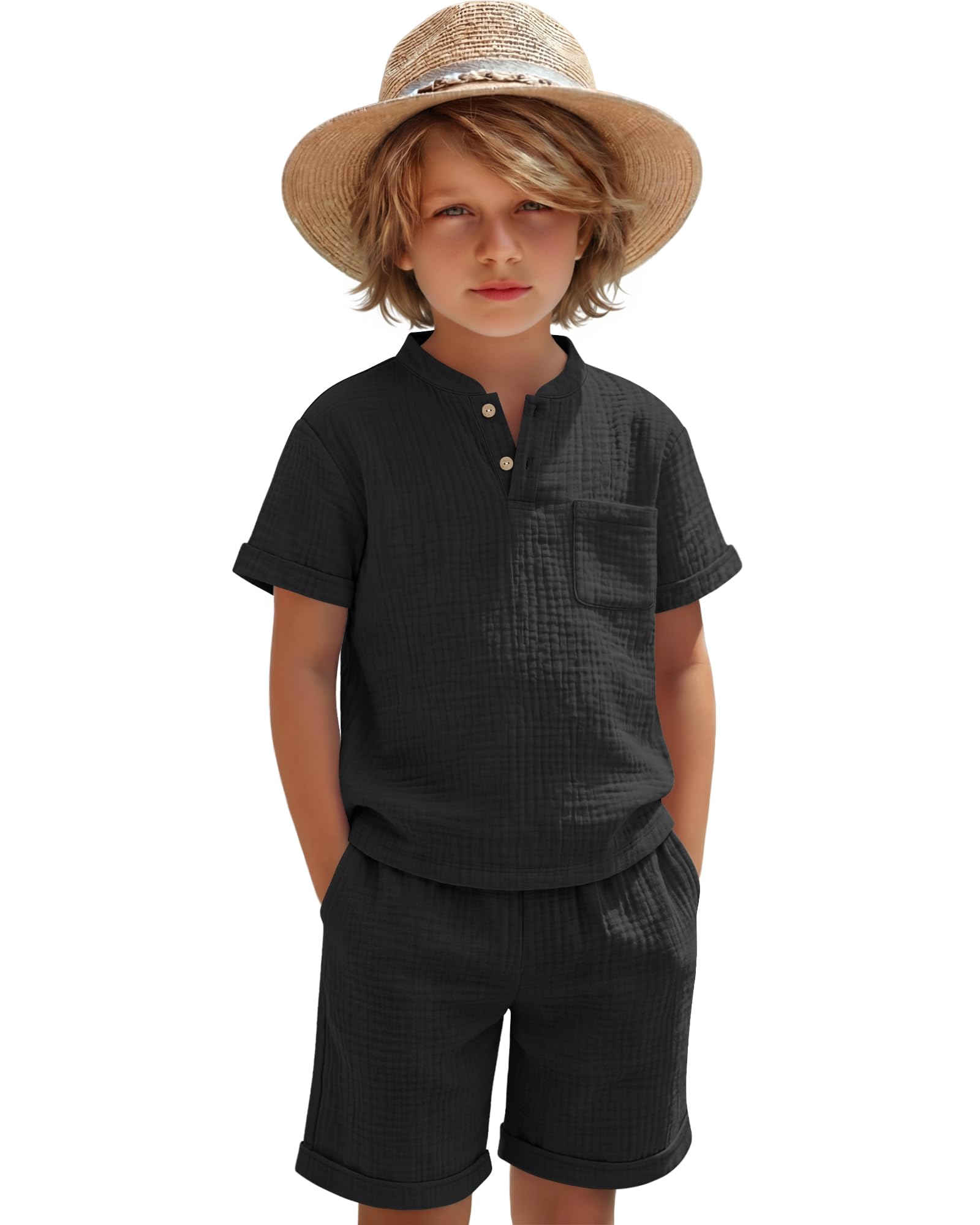 Boys 2 Piece Cotton Outfits 5-14Y Short Sleeve Button Down Shirt Shorts Pockets Summer Clothes Henley Casual Set