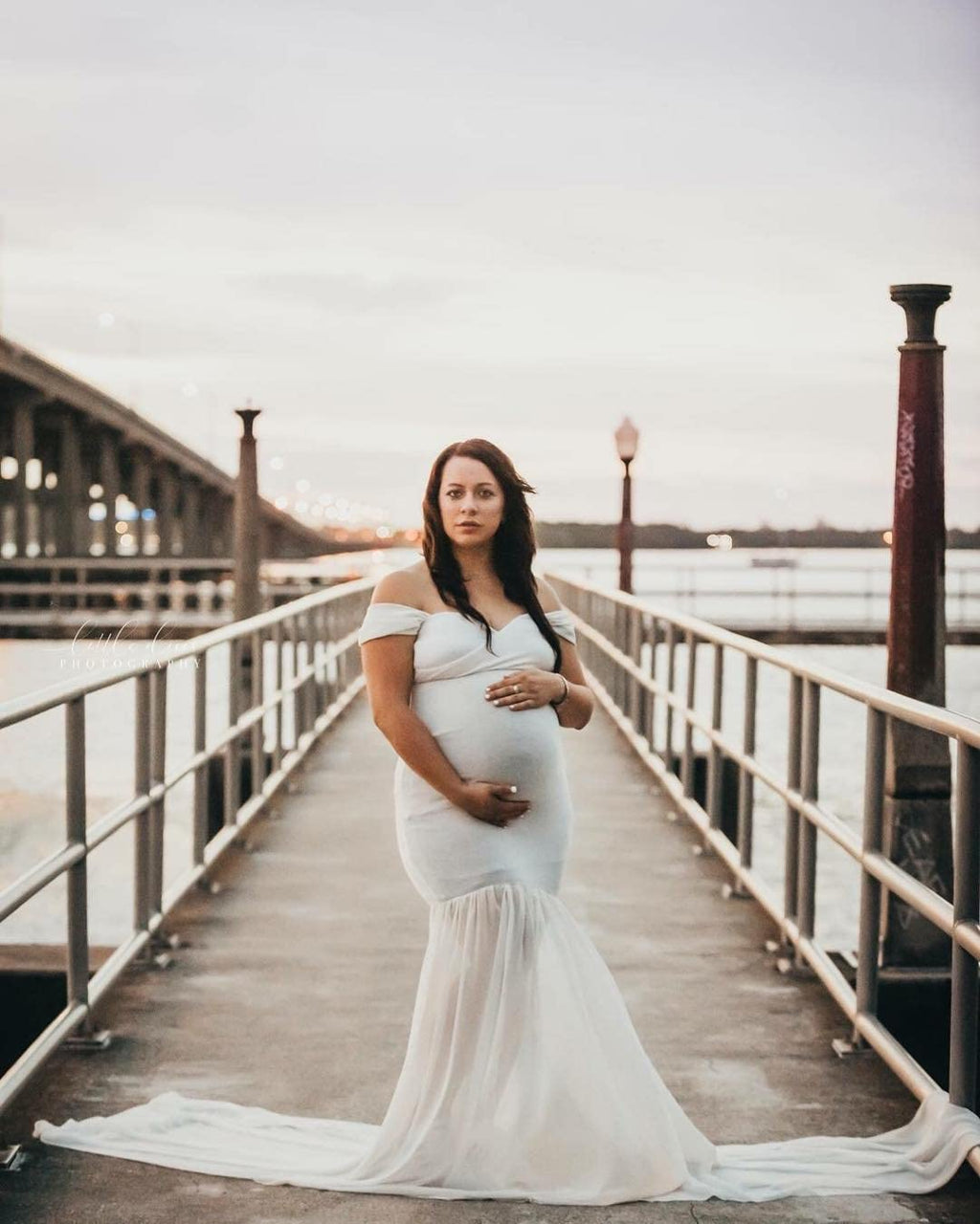 ZIUMUDY Maternity Chiffon Mermaid Gown Off Shoulder Dropped Sleeve Fitted Photo Shoot Photography Dress