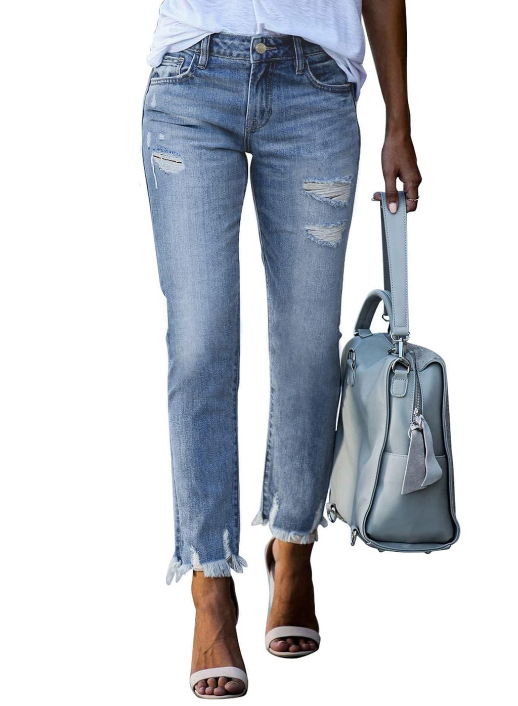 EVALESS Women's High Waisted Tummy Control Straight Ankle Ripped Jeans
