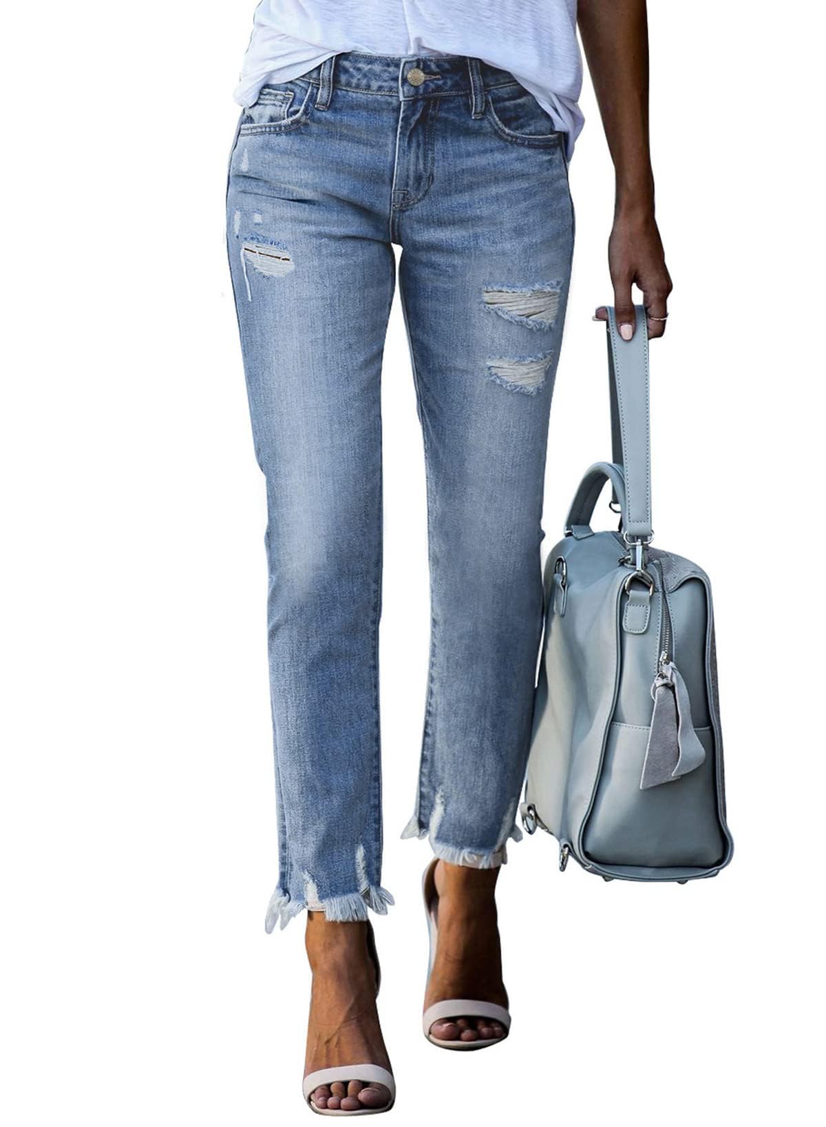 EVALESS Women's High Waisted Tummy Control Straight Ankle Ripped Jeans