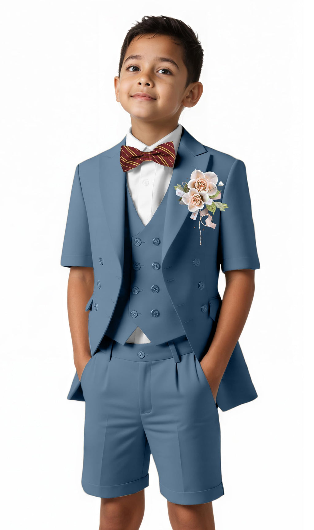 Short Suits for Boys Kid 6 Pieces Summer Tuxedo Formal Suit Beach Wedding Outfit for Teens Jacket Vest Shorts Pants Set
