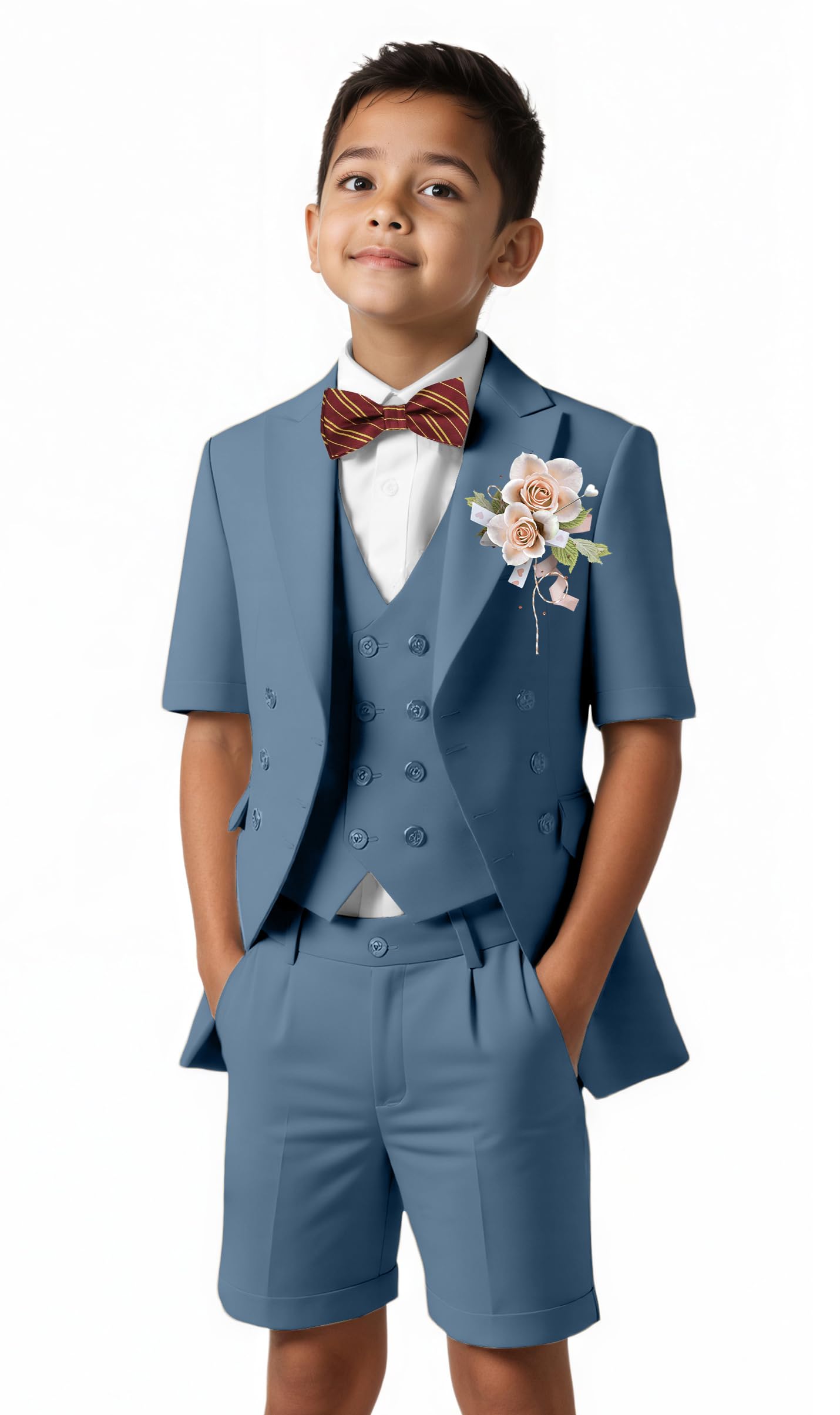 Short Suits for Boys Kid 6 Pieces Summer Tuxedo Formal Suit Beach Wedding Outfit for Teens Jacket Vest Shorts Pants Set