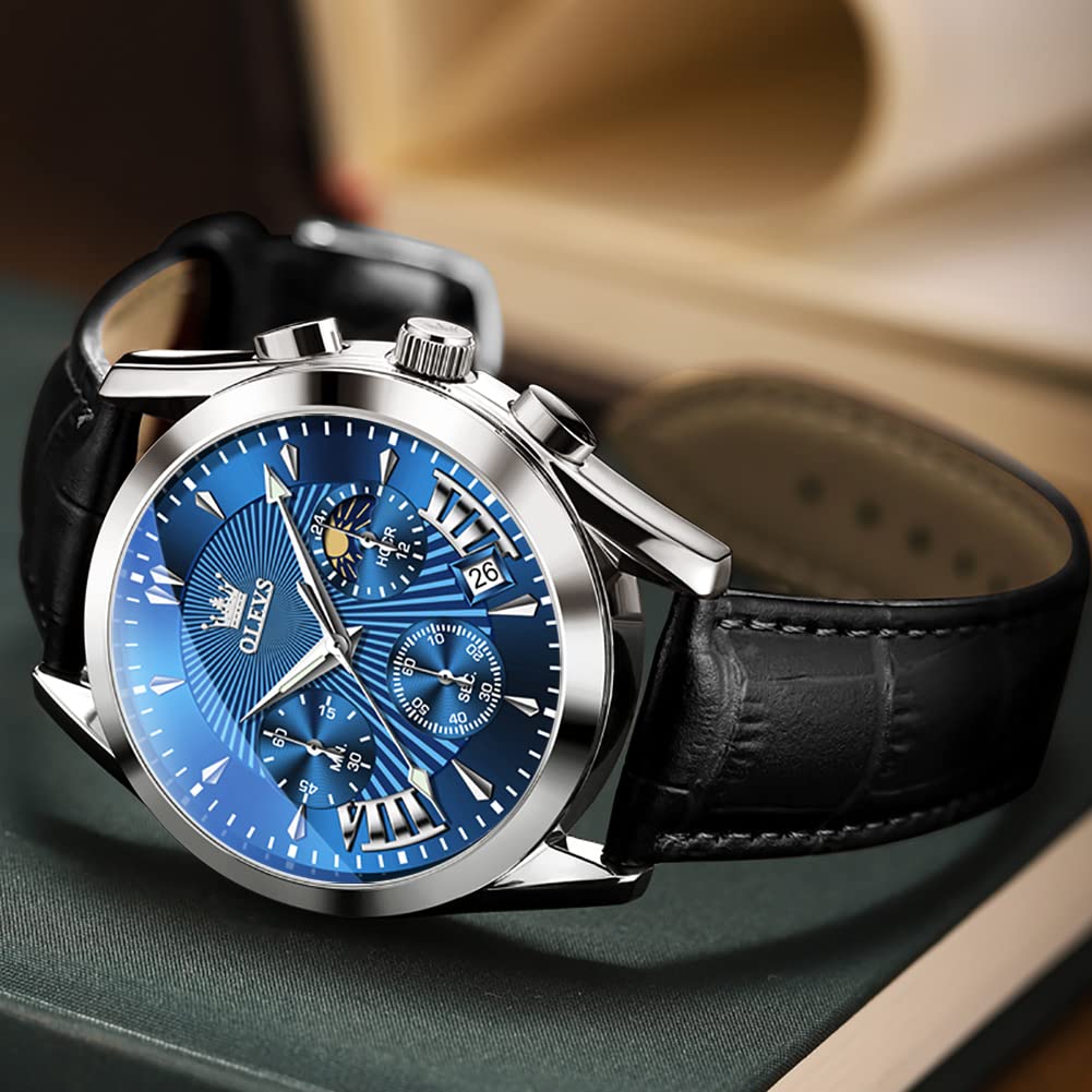 OLEVS Men's Casual Leather Watch, Big Face Chronograph Watch for Men, Fashion Easy to Read Dress Watch, Men's Waterproof Luminous Date Analog Watch, Gold/Black/White/Blue Dial