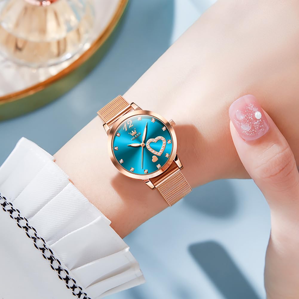 OLEVS Rose Gold Watch for Women Mesh Strap Fashion Dress Hearts Japanese Quartz Waterproof Luminous Ladies Watches Bracelet Sets