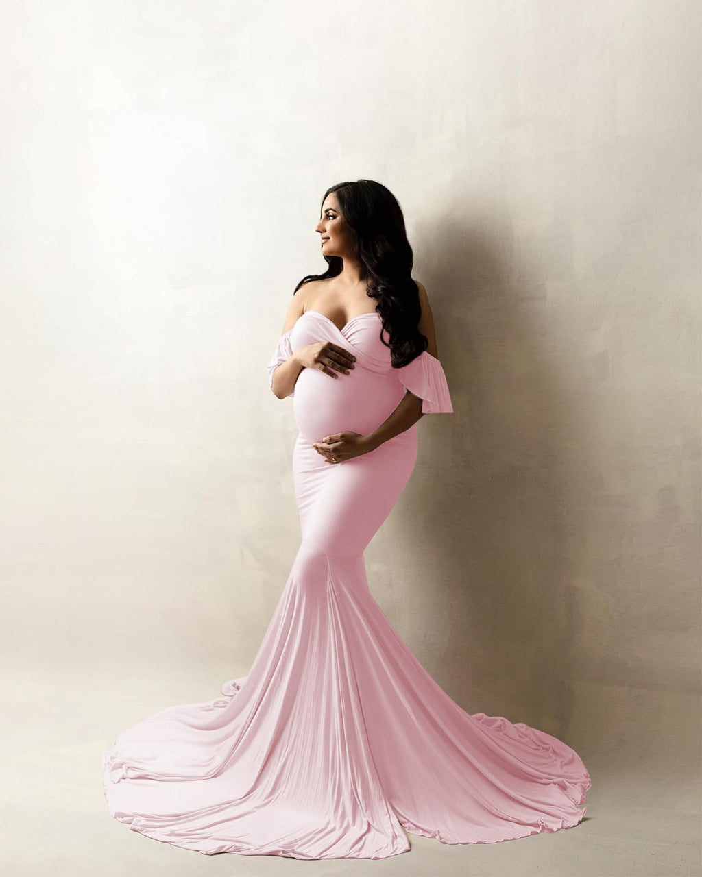 Saslax Off Shoulder Ruffle Sleeves Elegant Fitted Maxi Maternity Dress for Photoshoot Baby Shower