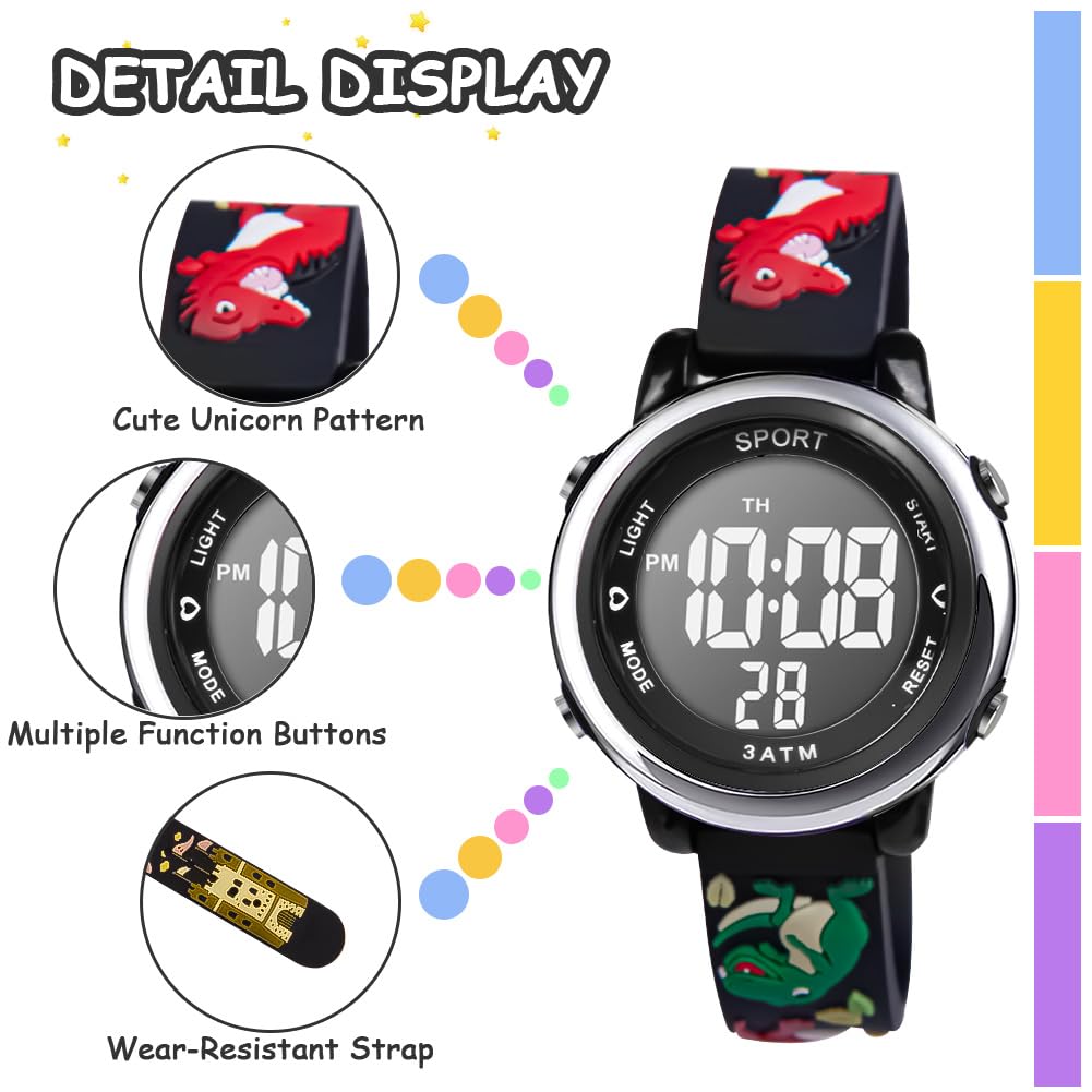 Vicloon Kids Watch, Toddler Digital Watch, Digital Watch LED Electrical Watches 7 Color Lights Watch Sport Outdoor with Alarm Stopwatch Unicorn Toys Gift for 6-12 Year Girls Children Wristwatch