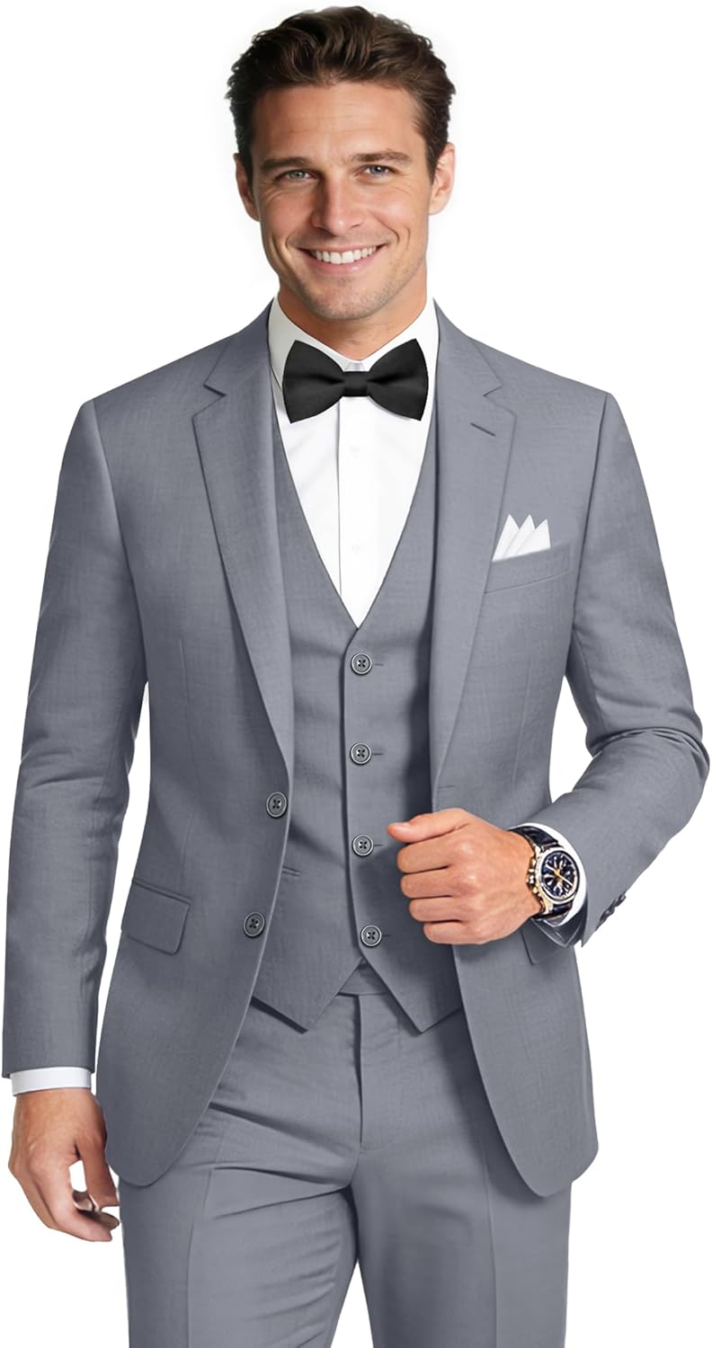 Men's Stretch Slim Fit 6-Piece Suit Set with Blazer, Vest, Pants, Bow Tie, Necktie and Pocket Square