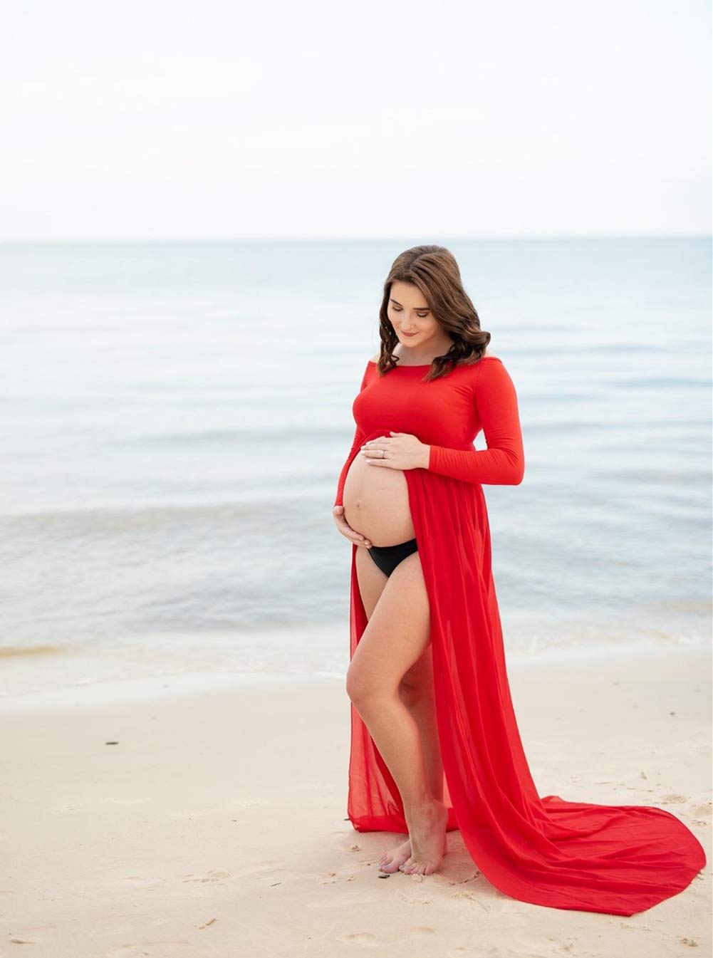ZIUMUDY Maternity Maxi Chiffon Photography Dress Split Front Gown for Photoshoot
