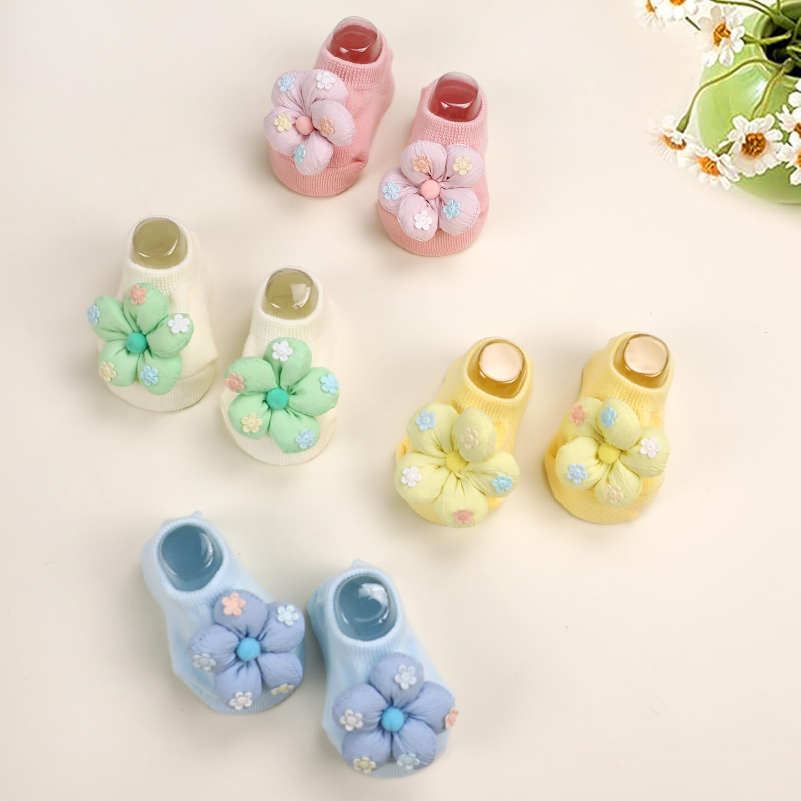 KEAINVRN 4Packs Baby Girls Socks,Flower Non-Slip Grips for Babies Toddler Princess Low Cut Ankle Socks for Girls