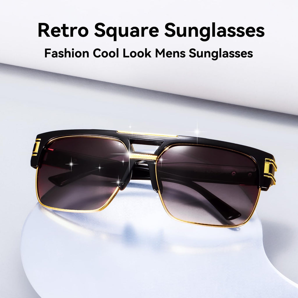 Dollger Square Sunglasses for Men Classic Oversized Sun Glasses Retro Semi Rimless Gold Alloy Frame UV400