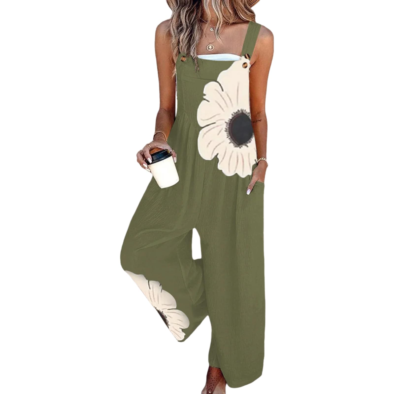 Women's Jumpsuits 2026 Summer Floral Overalls One Piece Outfits Sleeveless Wide Leg Pants Rompers with Pockets