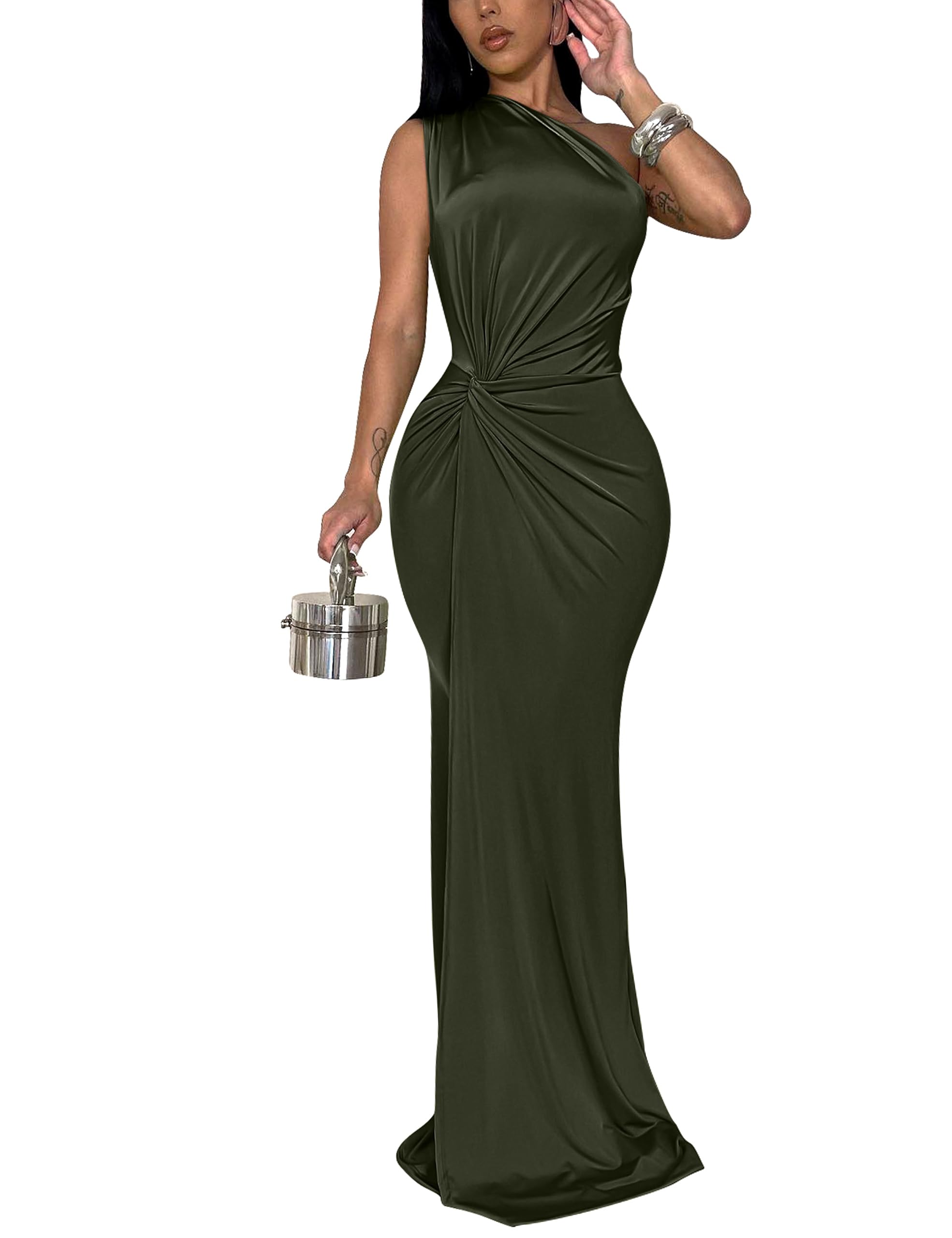 YMDUCH Women's Elegant One Shoulder Sleeveless Twist Waist Bodycon Party Long Dress