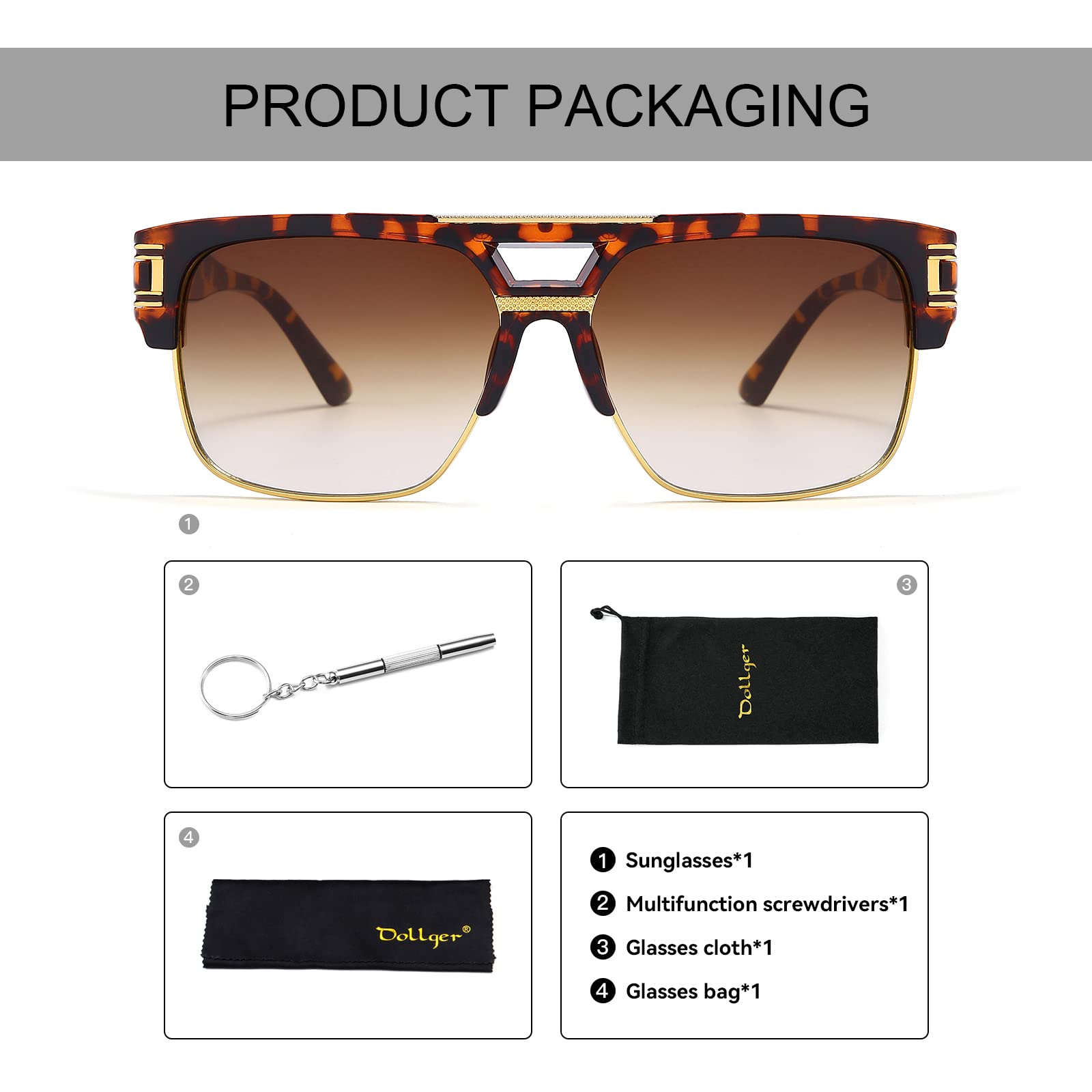 Dollger Square Sunglasses for Men Classic Oversized Sun Glasses Retro Semi Rimless Gold Alloy Frame UV400