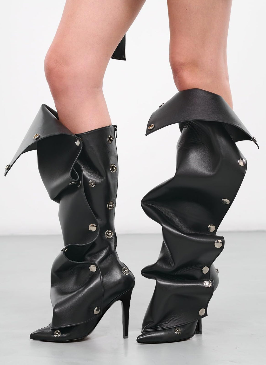 Women's Knee High Shark Boots Pointed Toe High Heels Ruched Stiletto Slouchy Party Boots Detachable Snap-off Panel