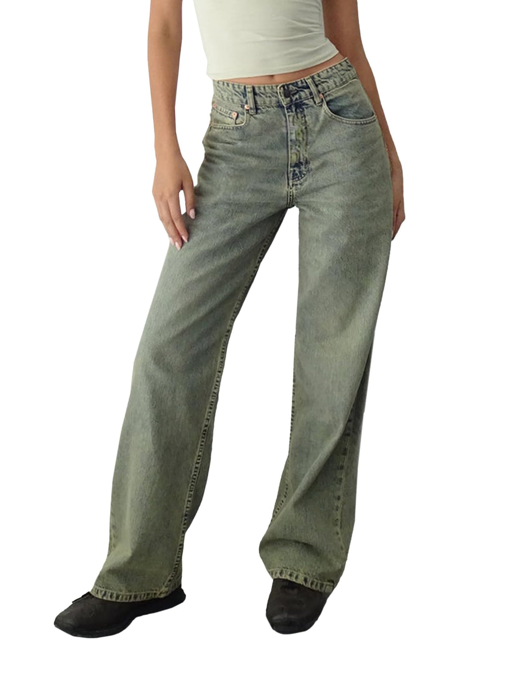 EMMIOL Women Baggy Jeans Mid-Low Waist Boyfriend Streetwear Vintage Jeans Wide Leg Denim Pants