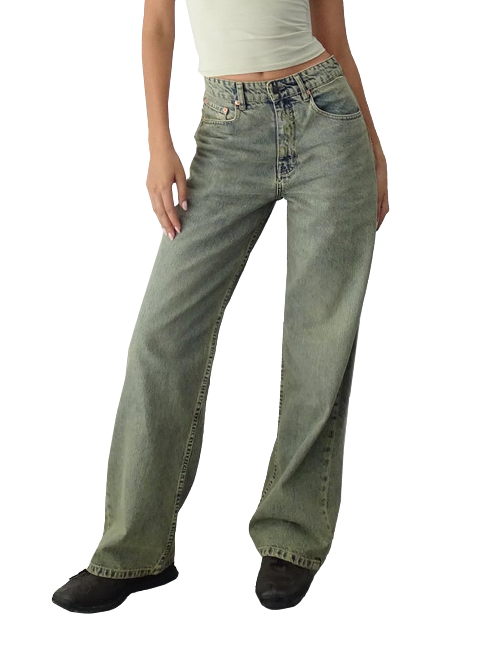 EMMIOL Women Baggy Jeans Mid-Low Waist Boyfriend Streetwear Vintage Jeans Wide Leg Denim Pants