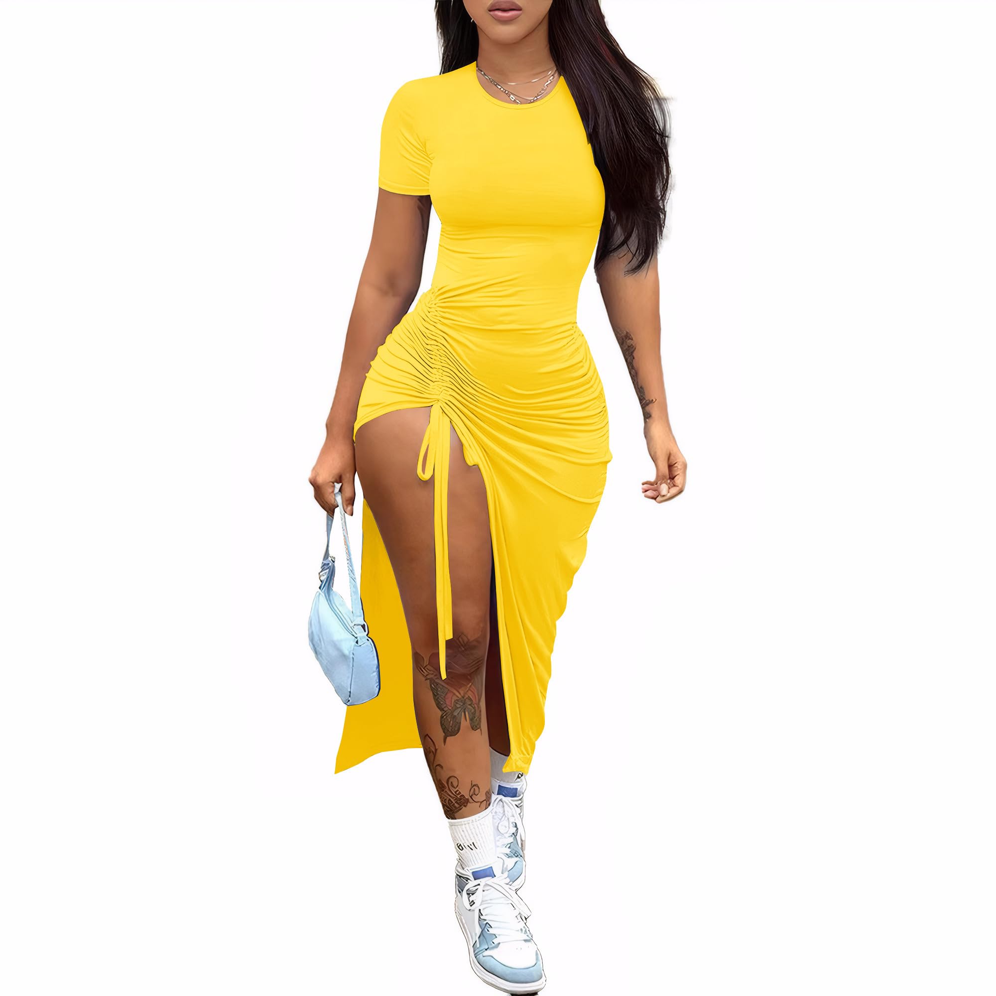 Nimsruc Women Sexy Summer Dresses Short Sleeve Thigh-high Slit Ruched Bodycon Maxi Club Cocktail Party Dress