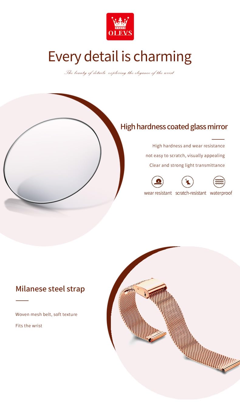 OLEVS Rose Gold Watch for Women Mesh Strap Fashion Dress Hearts Japanese Quartz Waterproof Luminous Ladies Watches Bracelet Sets