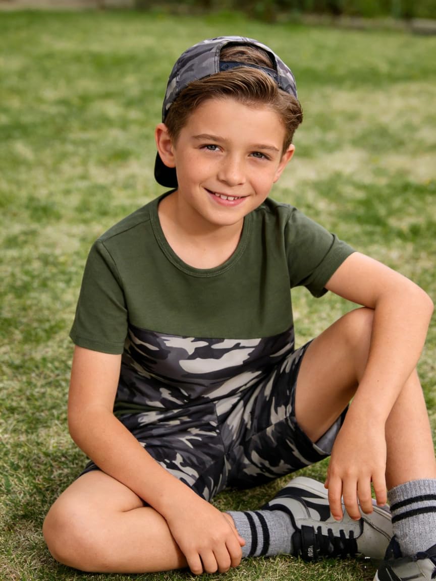 Azmxynol Tween Boys Clothes Daily Casual Short Sleeve Top + Cargo Shorts 2 Pieces Outfit Set, Size 6-14 Years