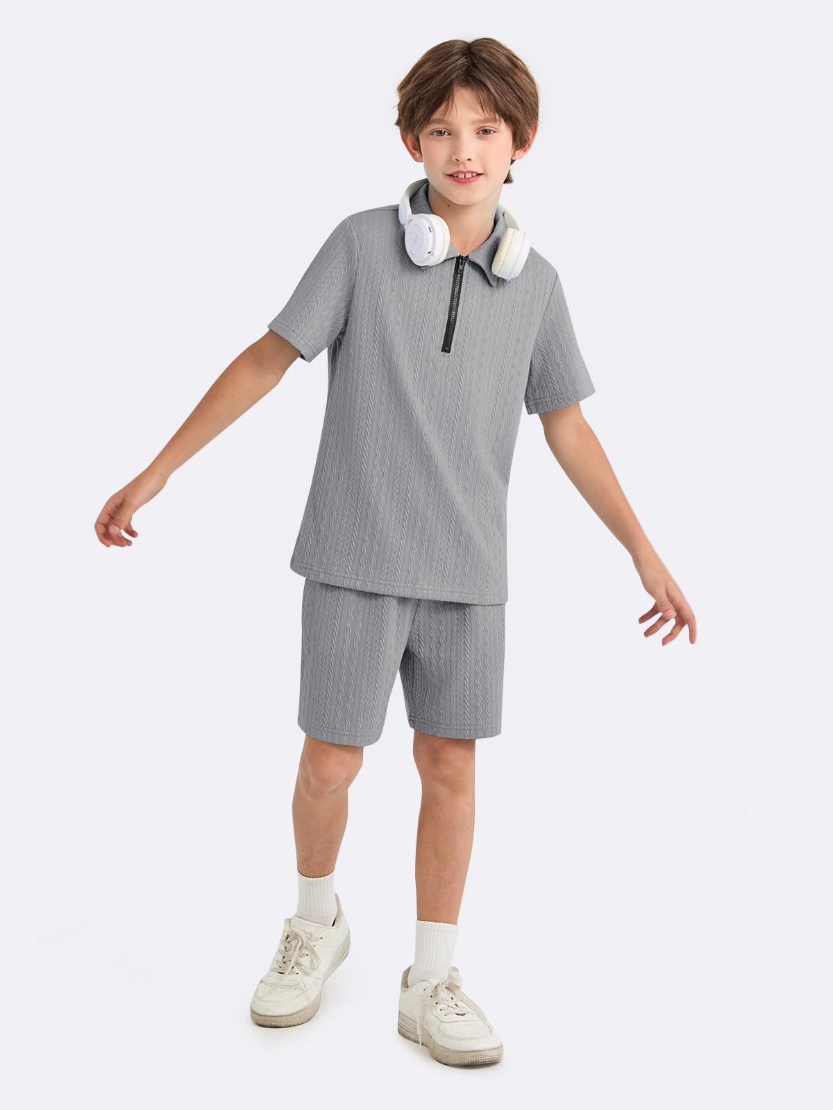 Haloumoning Boys 2 Piece Summer Outfits Kids Quarter Zip Polo Shirt and Shorts Set Athletic Tracksuit 5-14 Years
