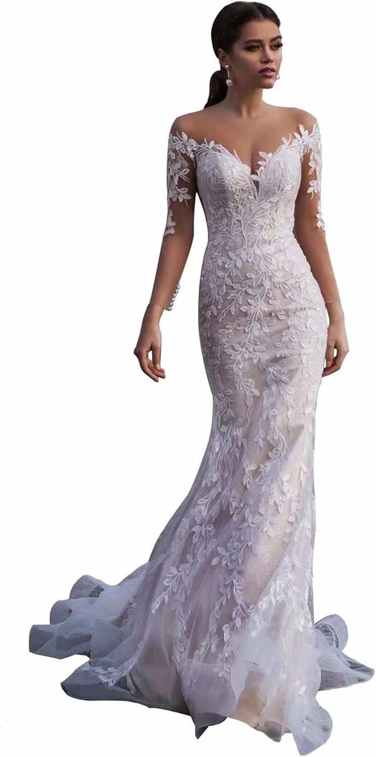 Lace Wedding Dresses for Bride Mermaid V Neck Boho Beach Bridal Gowns with Train BOF30